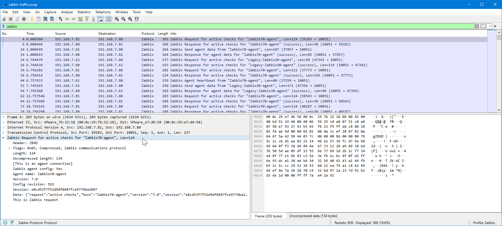 Wireshark window with Zabbix protocol tree opened