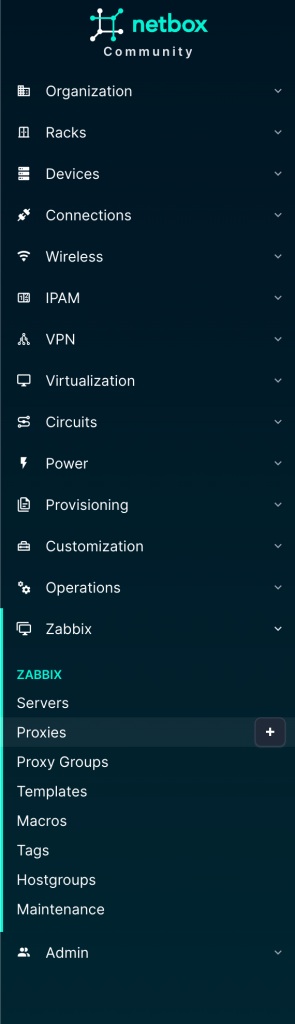 NetBox menu including Zabbix